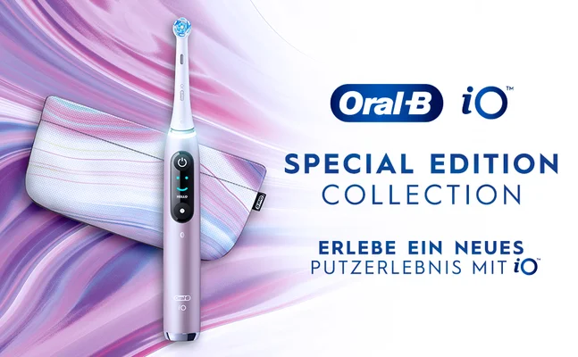 A pink Oral-B iO electric toothbrush and travel case against a swirled background with the text Oral-B iO Special Edition Collection Erlebe ein neues Putzerlebnis mit iO.