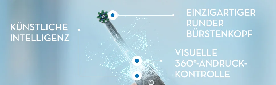 Oral-B Zahnbürste mit einzigartigem runden Bürstenkopf und visueller 360°-Andruckkontrolle, unterstützt durch künstliche Intelligenz.