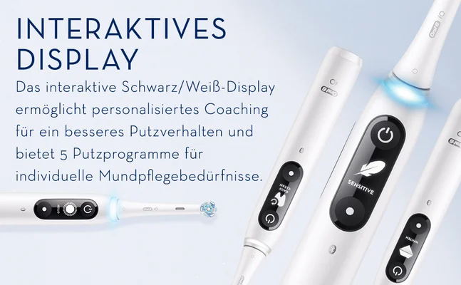 Interaktives display. Das interaktive Schwarz/ WeiB-Display ermoglicht personalisiertes Coaching fur ein besseres Putzverhalten und bietet 5 Putzprogramme fur individuelle Mundflegebedufnisse.