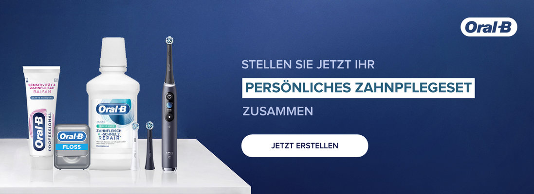 Oral-B dental products including toothpaste, mouthwash, floss, and an electric toothbrush on a white surface against a blue background with text that reads STELLEN SIE JETZT IHR PERSÖNLICHES ZAHNPFLEGESET ZUSAMMEN JETZT ERSTELLEN.