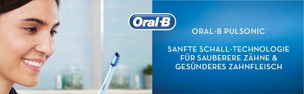 Smiling woman holds an Oral-B Pulsonic electric toothbrush next to text that reads Oral-B ORAL-B PULSONIC SANFTE SCHALL-TECHNOLOGIE FÜR SAUBERERE ZÄHNE & GESÜNDERES ZAHNFLEISCH.