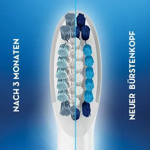Split view of an electric toothbrush head showing a worn brush on the left and a new brush on the right with the text NACH 3 MONATEN NEUER BÜRSTENKOPF.