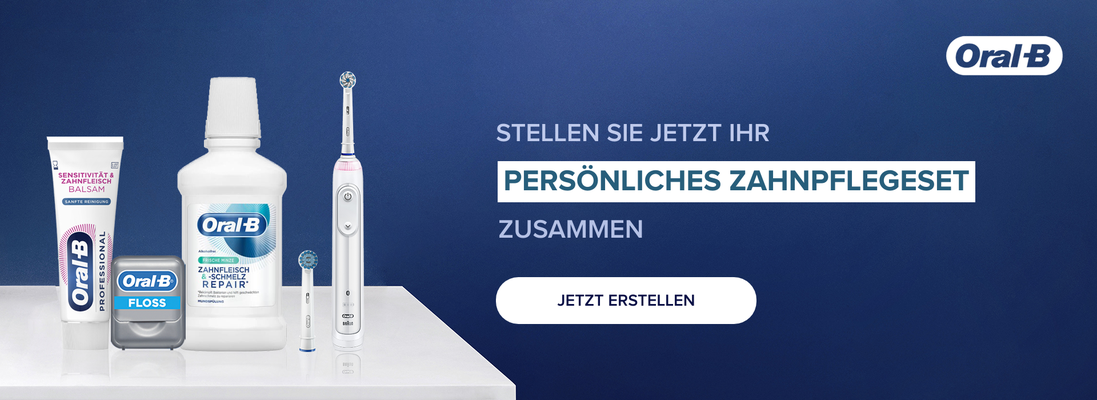 Oral-B Zahnpflegeprodukte: Zahnpasta für empfindliche Zähne, Zahnseide, Mundspülung für Zahnfleisch und Schmelz, sowie eine elektrische Zahnbürste mit Aufsteckbürste.