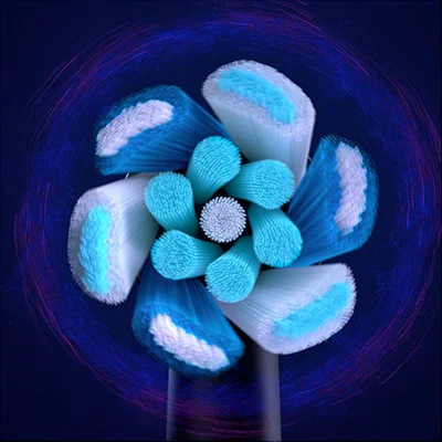 Oral-B Aufsteckbürste mit runden Bürstenkopf, der die Zähne umschließt und für eine gründliche Reinigung sorgt.