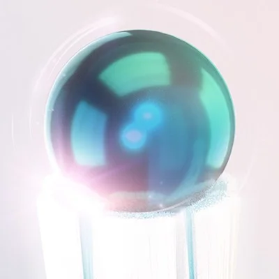 A shiny iridescent sphere sits on a textured white cylinder base with light glowing below.