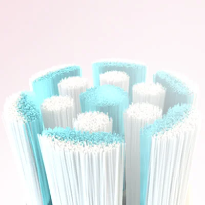 Close-up of white and blue bristles on a toothbrush head.