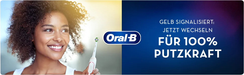 Oral-B elektrische Zahnbürste mit lächelnder Frau, beworben mit
