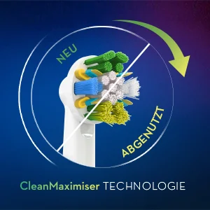 Oral-B Bürstenkopf mit CleanMaximiser Technologie, der den Zustand neuer und abgenutzter Borsten visuell vergleicht.