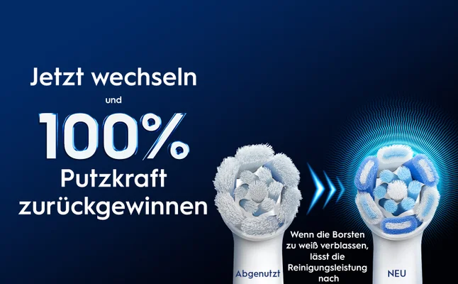 Abgenutzter und neuer Bürstenkopf im Vergleich zeigt, wann der Bürstenkopf gewechselt werden sollte.