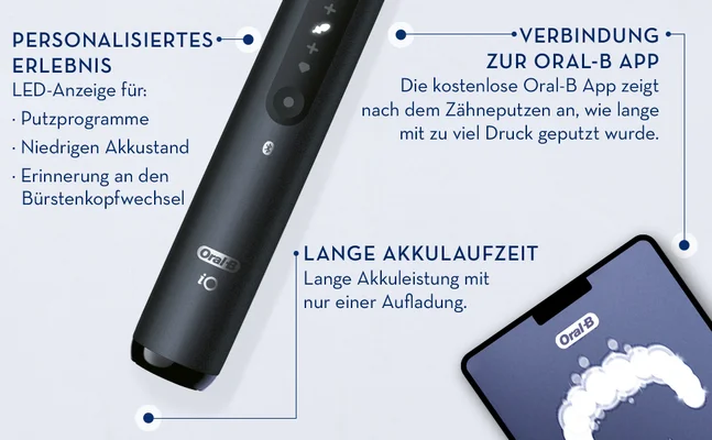 Close-up of a white Oral-B iO electric toothbrush and a smartphone screen with the Oral-B app, with text PERSONALISIERTES ERLEBNIS LED-Anzeige für: Putzprogramme Niedrigen Akkustand Erinnerung an den Bürstenkopfwechsel VERBINDUNG ZUR ORAL-B APP Die kostenlose Oral-B App zeigt nach dem Zähneputzen an, wie lange mit zu viel Druck geputzt wurde. LANGE AKKULAUFZEIT Lange Akkuleistung mit nur einer Aufladung.