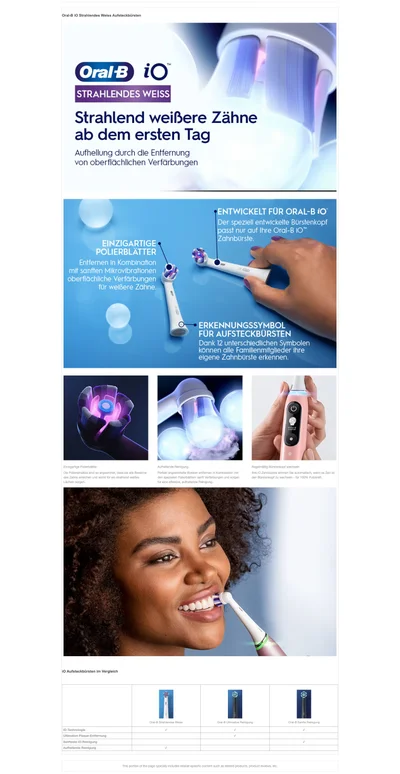 The image shows Oral-B iO Strahlen Weiss toothbrush heads with prominent text Strahlend weißere Zähne ab dem ersten Tag Aufhellung durch die Entfernung von oberflächlichen Verfärbungen, sections detailing einzigartige Polierblätter that entfernen in Kombination mit sanften Mikrovibrationen oberflächliche Verfärbungen für weißere Zähne, brush heads entwickelt für Oral-B iO with Erkennungssymbol für Aufsteckbürsten, close-ups of brush head features, a woman brushing her teeth, and a comparison table of iO brush heads.