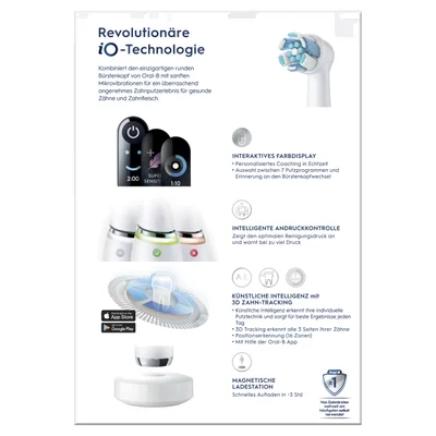The image shows an Oral-B electric toothbrush and graphics explaining its features with the text Revolutionäre iO-Technologie Kombiniert den einzigartigen runden Bürstenkopf von Oral-B mit sanften Mikrovibrationen für ein überraschend angenehmes Zahnputzerlebnis für gesunde Zähne und Zahnfleisch Interaktives Farbdisplay Personalisiertes Coaching in Echtzeit Auswahl zwischen 7 Putzprogrammen und Erinnerung an den Bürstenkopfwechsel Intelligente Andruckkontrolle Zeigt den optimalen Reinigungsdruck an und warnt bei zu viel Druck Künstliche Intelligenz mit 3D Zahn-Tracking Künstliche Intelligenz erkennt Ihre individuelle Putztechnik und sorgt für beste Ergebnisse jeden Tag 3D Tracking erkennt alle 3 Seiten Ihrer Zähne (16 Zonen) Positionserkennung (16 Zonen) Mit Hilfe der Oral-B App Magnetische Ladestation Schnelles Aufladen in ~3 Std Oral-B #1 Von Zahnärzten weltweit am häufigsten selbst verwendet Download on the App Store GET IT ON Google Play.