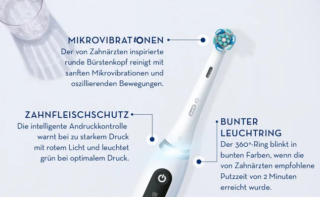 mikrovibrationen der von zahnarzten inspirierte runde burstenkopf reinigt mit sanften mikrovibrationen und oszillierenden bewegungen. zahnfleischschutz die intelligente andruckkontrolle warnt bei zu starkem druck mit rotem licht und leuchet grun bei optimalem druck. Bunter leuchtring der 360 ring blinkt in bunten farben, wenn die von zahnarzten empfohlene putzzeit von 2 minuten erreicht wurde.