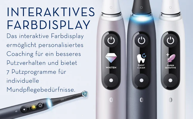 Image showing three Oral-B iO toothbrushes in different colors with displays showing various cleaning modes and text INTERAKTIVES FARBDISPLAY Das interaktive Farbdisplay ermöglicht personalisiertes Coaching für ein besseres Putzverhalten und bietet 7 Putzprogramme für individuelle Mundpflegebedürfnisse. WHITEN DAILY CLEAN SUPER SENSITIVE ORAL-B iO.