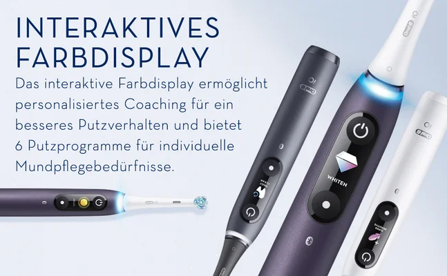 Interaktives farbdisplay. Das interaktive farbdisplay ermoglicht personalisiertes coaching fur ein besseres putzverhalten und bietet 6 putzprogramme fur individuelle mundpflegebedurfnisse.