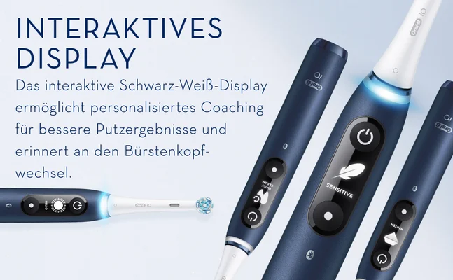 INTERAKTIVES DISPLAY Das interaktive Schwarz-Weiß-Display ermöglicht personalisiertes Coaching für bessere Putzergebnisse und erinnert an den Bürstenkopf-wechsel.