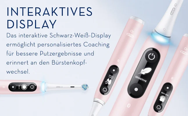 Interaktives display, das interaktive schwarz-weib-dispplay ermoglicht personalisiertes coaching fur bessere putzergebnisse und erinnert an den burstenkopf-wechsel.
