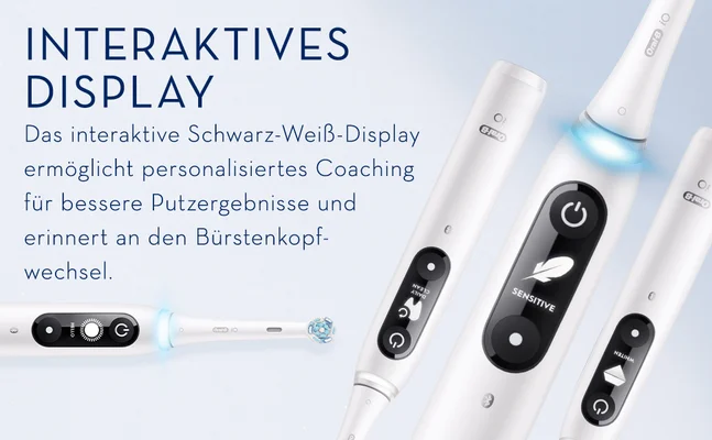 Interaktives display, das interaktive schwarz-weib-dispplay ermoglicht personalisiertes coaching fur bessere putzergebnisse und erinnert an den burstenkopf-wechsel.