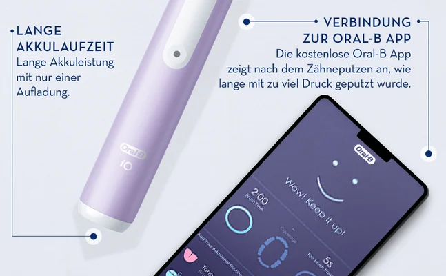 Close-up of a white Oral-B iO electric toothbrush and a smartphone screen with the Oral-B app, with text PERSONALISIERTES ERLEBNIS LED-Anzeige für: Putzprogramme Niedrigen Akkustand Erinnerung an den Bürstenkopfwechsel VERBINDUNG ZUR ORAL-B APP Die kostenlose Oral-B App zeigt nach dem Zähneputzen an, wie lange mit zu viel Druck geputzt wurde. LANGE AKKULAUFZEIT Lange Akkuleistung mit nur einer Aufladung.