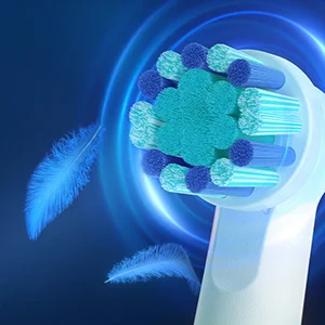 Oral-B Aufsteckbürste, die sanfte Reinigung verspricht, dargestellt mit Federn und blauen Lichteffekten, um die Weichheit zu betonen.