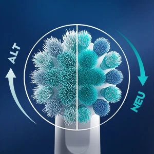 Oral-B Bürstenkopf-Vergleich: ALT zeigt abgenutzte Borsten, während NEU neue, unbeschädigte Borsten für eine effektive Reinigung darstellt.