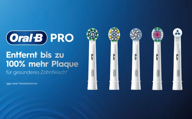 Fünf Oral-B Pro Aufsteckbürsten. Entfernt bis zu 100% mehr Plaque für gesünderes Zahnfleisch.