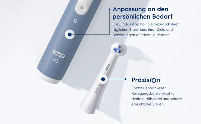Anpassung an den persönlichen Bedarf Die Oral-B App hält Sie bezüglich ihrertäglichen Statistiken, ihrer Ziele und Belohnungen auf dem Laufenden. Präzision. Speziell entwickelterReinigungsbürstenkopf für dentale Hilfsmittel und schwer erreichbare Stellen.