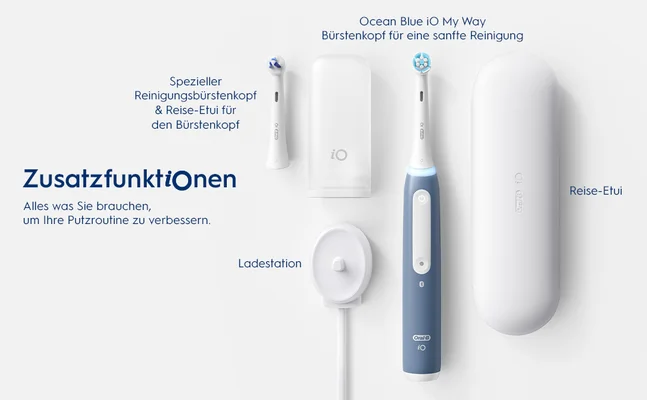 pezieller Reinigungsbürstenkopf I & Reise-Etui für den Bürstenkopf Zusatzfunktionen Alles was Sie brauchen, um Ihre Putzroutine zu verbessern. Ladestation. Ocean Blue iO My Way. Bürstenkopf für eine sanfte Reinigung iO Reise-Etuil D Oral-B 10.