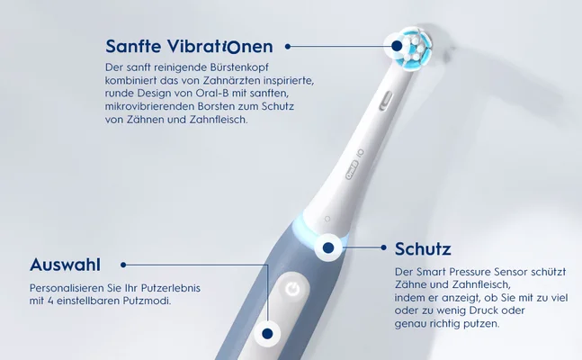 Sanfte Vibrationen. Der sanft reinigende Bürstenkopf kombiniert das von Zahnärzten inspirierte, runde Design von Oral-B mit sanften, mikrovibrierenden Borsten zum Schutz von Zähnen und Zahnfleisch. Auswahl. Personalisieren Sie Ihr Putzerlebnis mit 4 einstellbaren Putzmodi. Schutz. Der Smart Pressure Sensor schützt Zähne und Zahnfleisch, indem er anzeigt, ob Sie mit zu viel oder zu wenig Druck oder genau richtig putzen.