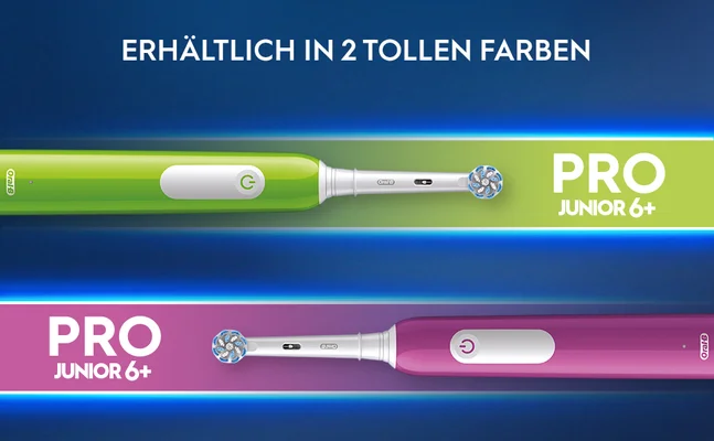 Two Oral-B toothbrushes in green and pink with the text ERHÄLTLICH IN 2 TOLLEN FARBEN PRO JUNIOR 6+.