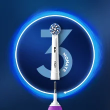 Oral-B toothbrush head and handle part in front of a large number 3 and a blue glowing circle graphic with the text 3 MONATE.