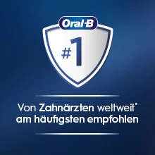 A white shield icon with a number 1 inside and the Oral-B logo above, with the text Von Zahnärzten weltweit* am häufigsten empfohlen below.