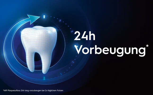 24h Vorbeugung. *hilft Plaqueaufbau 24h lang vorzubeugen bei 2x täglichem Putzen