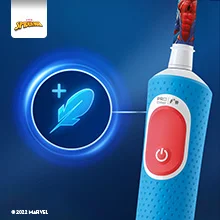 Oral-B elektrische Zahnbürste mit Spiderman-Motiv, hervorgehoben wird die sanfte Reinigung durch das Federsymbol.
