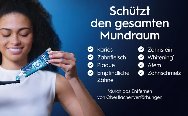 Schützt den gesamten Mundraum. Karies, Zahnfleisch, Plaque, Empfindliche, Zähne, Zahnstein, Whitening*, Atem, Zahnschmelz. *durch das Entfernen von Oberflächenverfärbungen