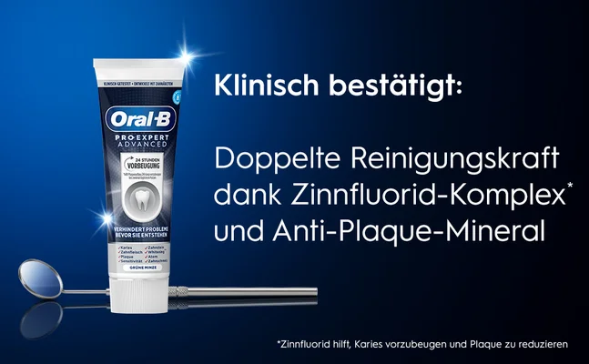 Klinisch bestätigt: Doppelte Reinigungskraft dank Zinnfluorid-Komplex* und Anti-Plaque-Mineral *Zinnfluorid hilft, Karies vorzubeugen und Plaque zu reduzieren