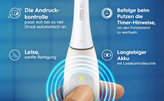 Die Andruck-kontrolle passt sich bei zu viel Druck automatisch an Oral-B iO Leise, sanfte Reinigung 2 MIN Befolge beim Putzen die Timer-Hinweise, um den Putzbereich zu wechseln Langlebiger Akku mit Ladekontrollleuchte