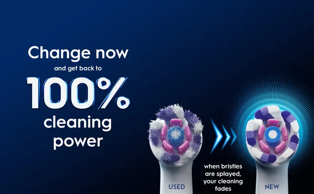 Image showing a worn electric toothbrush head next to a new one with text Jetzt wechseln und 100% Putzkraft zurückgewinnen Abgenutzt Wenn die Borsten ausgefranst sind lässt die Reinigungsleistung nach NEU.