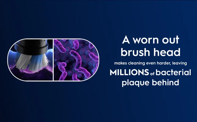 An illustration showing a toothbrush head cleaning a purple surface next to a magnified view of purple rod-shaped bacteria with the text Ein abgenutzter Bürstenkopf erschwert die Reinigung und lässt MILLIONEN von Plaque-Bakterien zurück.
