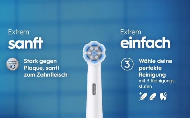 Image of an electric toothbrush with a blue background, featuring the words Extrem sanft and Extrem einfach, along with a circular logo labeled Revolutionäre Technologie iO, and text that reads Stark gegen Plaque, sanft zum Zahnfleisch and Wähle deine perfekte Reinigung mit 3 Reinigungsstufen accompanied by icons of a feather and a tooth.