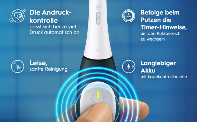 An electric toothbrush is shown with features highlighted, including pressure control, quiet cleaning, timer reminders for brushing sections, and a long-lasting battery indicator, with text in German reading: Die Andruckkontrolle passt sich bei zu viel Druck automatisch an, Leise, sanfte Reinigung, Befolge beim Putzen die Timer-Hinweise, um den Putzbereich zu wechseln, and Langlebiger Akku mit Ladekontrollleuchte.