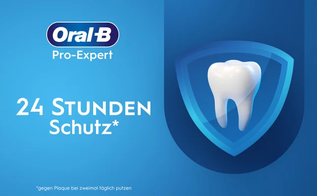 An image shows a tooth inside a shield on a blue background with the text Oral-B Pro-Expert 24 STUNDEN Schutz* *gegen Plaque bei zweimal täglich putzen.