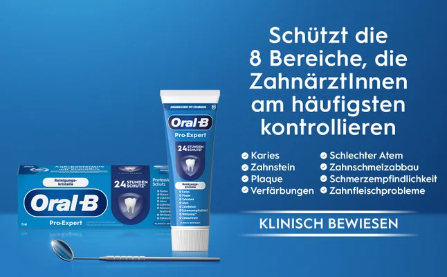 Image shows Oral-B Pro-Expert toothpaste tube and box with a dental mirror and text Schützt die 8 Bereiche, die ZahnärztInnen am häufigsten kontrollieren Karies Zahnstein Plaque Verfärbungen Schlechter Atem Zahnschmelzabbau Schmerzempfindlichkeit Zahnfleischprobleme KLINISCH BEWIESEN.