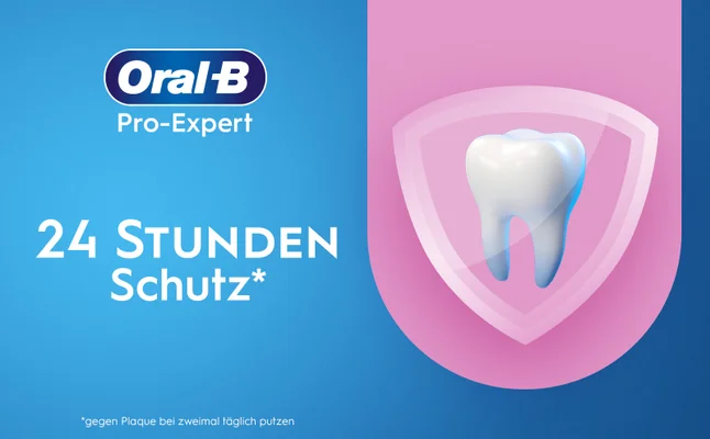 An image shows a tooth inside a shield on a blue background with the text Oral-B Pro-Expert 24 STUNDEN Schutz* *gegen Plaque bei zweimal täglich putzen.