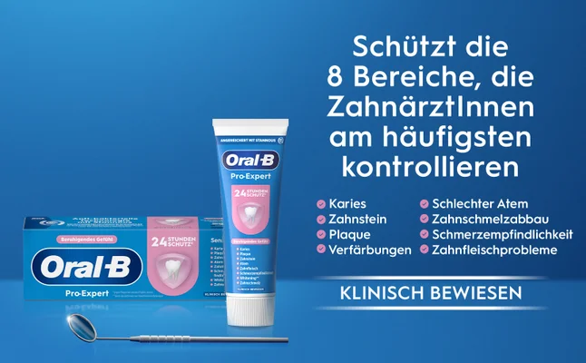 Image shows Oral-B Pro-Expert toothpaste tube and box with a dental mirror and text Schützt die 8 Bereiche, die ZahnärztInnen am häufigsten kontrollieren Karies Zahnstein Plaque Verfärbungen Schlechter Atem Zahnschmelzabbau Schmerzempfindlichkeit Zahnfleischprobleme KLINISCH BEWIESEN.