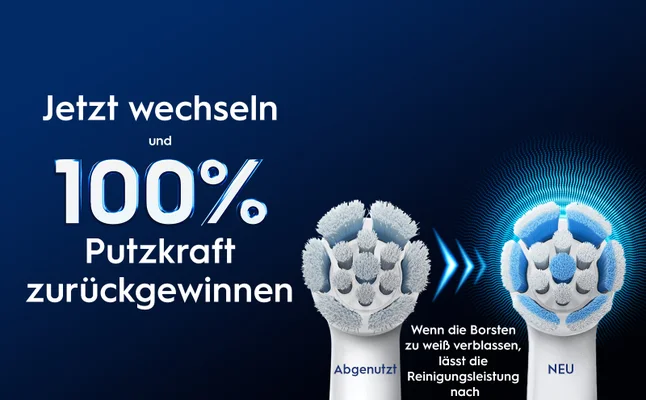 Image shows two toothbrush heads on a blue background; the left head is worn out with the text Abgenutzt, and the right head is new with the text NEU, with the main message stating Jetzt wechseln und 100% Putzkraft zurückgewinnen. Additional text reads Wenn die Borsten zu weiß verblassen, lässt die Reinigungsleistung nach.