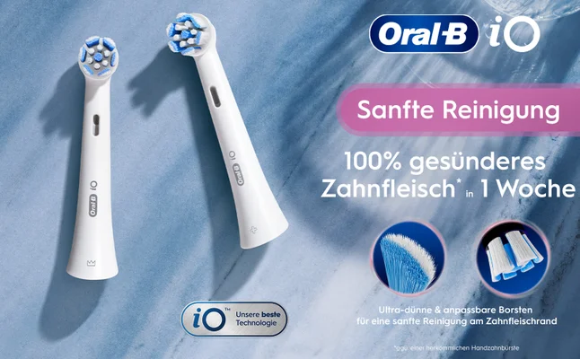 Two Oral-B iO toothbrush heads are shown with text that reads Oral-B iO Sanfte Reinigung 100% gesünderes Zahnfleisch* in 1 Woche iO Unsere beste Technologie Ultra-dünne & anpassbare Borsten für eine sanfte Reinigung am Zahnfleischrand *ggü. einer herkömmlichen Handzahnbürste.