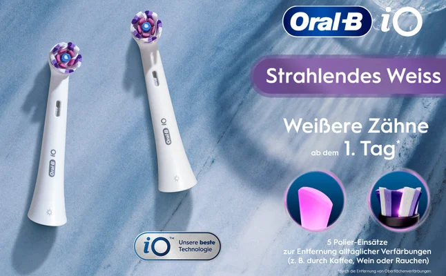 Oral B iOTM iO Unsere beste Technologie Oral B iO Oral Bio Strahlendes Weiss Weißere Zähne ab dem C 1. Tag 17 5 Polier-Einsätze zur Entfernung alltäglicher Verfärbungen (z. B. durch Kaffee, Wein oder Rauchen) durch die Entfernung von Oberflächenverfärbungen