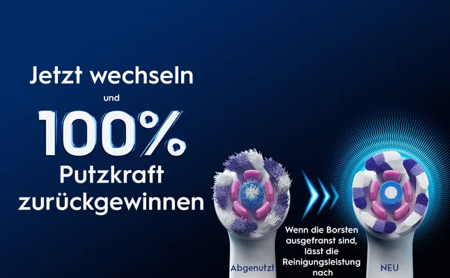 Jetzt wechseln und 100% Putzkraft zurückgewinnen Abgenutzt Wenn die Borsten ausgefranst sind, lässt die Reinigungsleistung nach NEU
