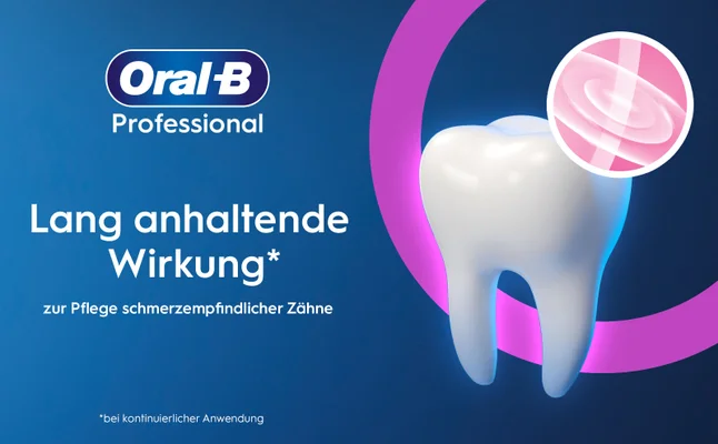 A graphic showing a 3D tooth and the Oral-B Professional logo with the text Oral-B Professional Lang anhaltende Wirkung* zur Pflege schmerzempfindlicher Zähne *bei kontinuierlicher Anwendung.